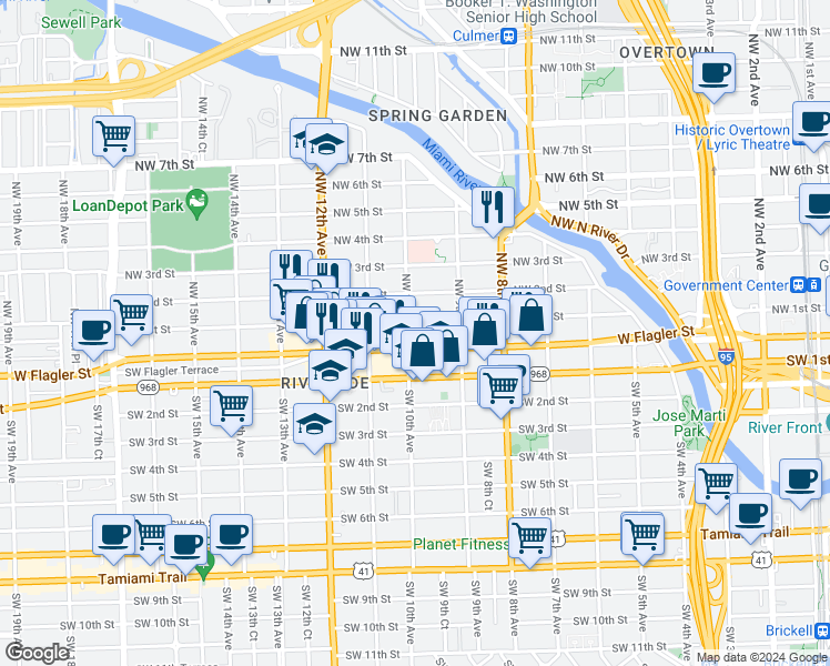 map of restaurants, bars, coffee shops, grocery stores, and more near 65 Northwest 10th Avenue in Miami