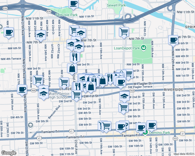 map of restaurants, bars, coffee shops, grocery stores, and more near 1935 Northwest 1st Street in Miami