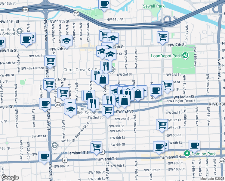 map of restaurants, bars, coffee shops, grocery stores, and more near 2176 Northwest 1st Terrace in Miami