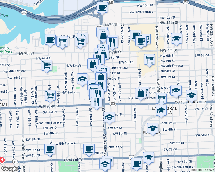 map of restaurants, bars, coffee shops, grocery stores, and more near 250 Northwest 41st Avenue in Miami