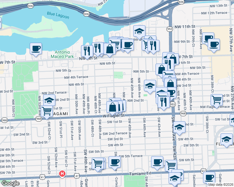 map of restaurants, bars, coffee shops, grocery stores, and more near 4653 Northwest 2nd Terrace in Miami