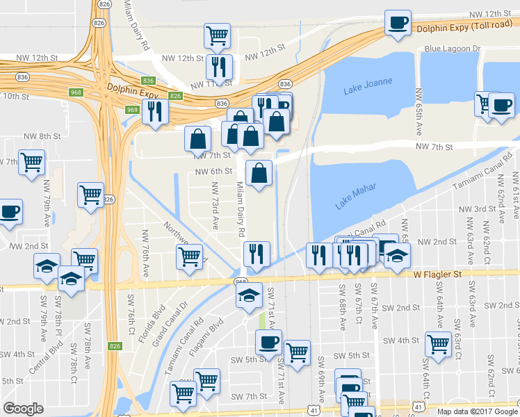 map of restaurants, bars, coffee shops, grocery stores, and more near 399 Northwest 72nd Avenue in Miami
