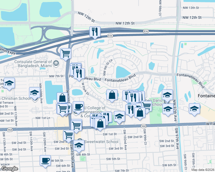 map of restaurants, bars, coffee shops, grocery stores, and more near 10370 Northwest 5th Terrace in Miami