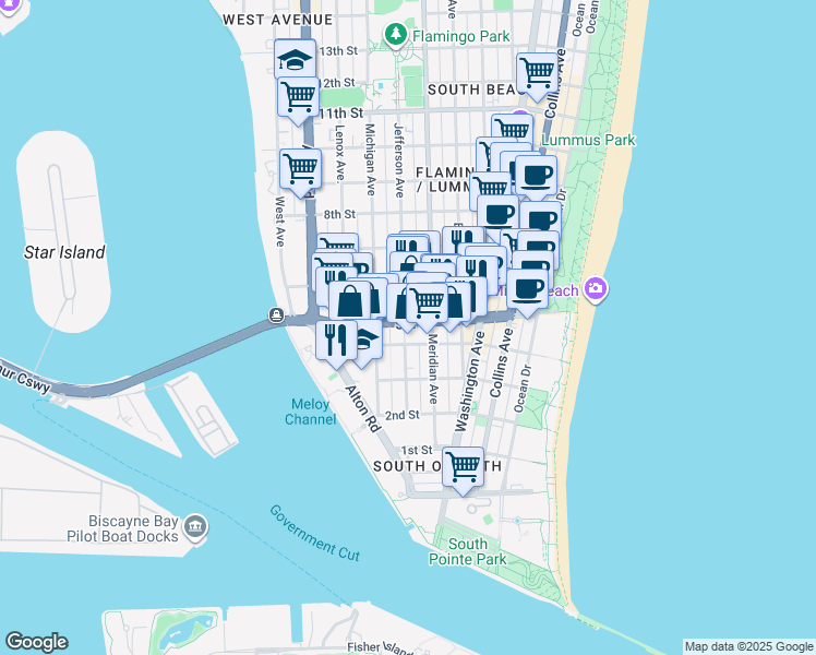 map of restaurants, bars, coffee shops, grocery stores, and more near 830 5th Street in Miami Beach