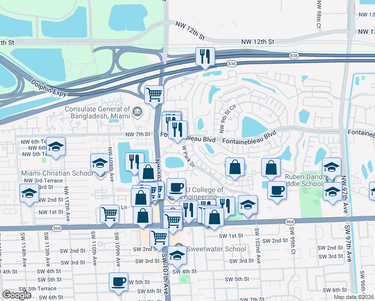 map of restaurants, bars, coffee shops, grocery stores, and more near 615 West Park Drive in Miami