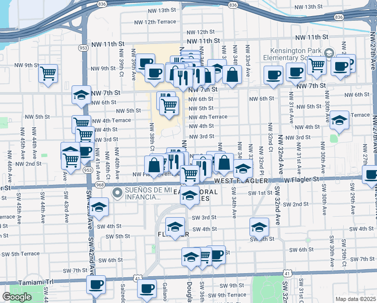 map of restaurants, bars, coffee shops, grocery stores, and more near 229 Northwest 36th Court in Miami