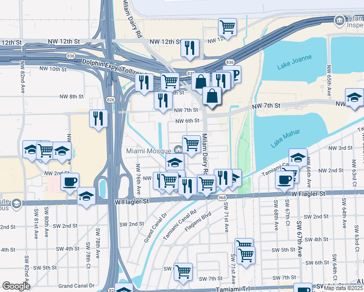 map of restaurants, bars, coffee shops, grocery stores, and more near 7330 Northwest 4th Street in Miami
