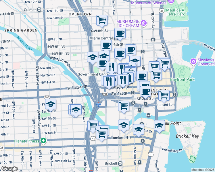 map of restaurants, bars, coffee shops, grocery stores, and more near 101 West Flagler Street in Miami