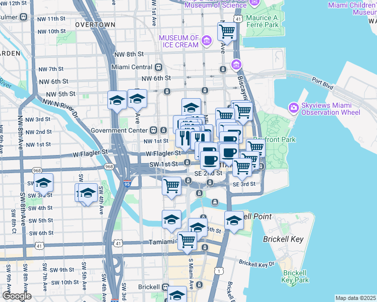 map of restaurants, bars, coffee shops, grocery stores, and more near 27 East Flagler Street in Miami