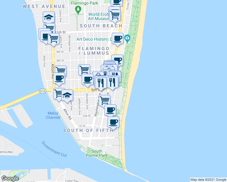 map of restaurants, bars, coffee shops, grocery stores, and more near 501 5th Street in Miami Beach