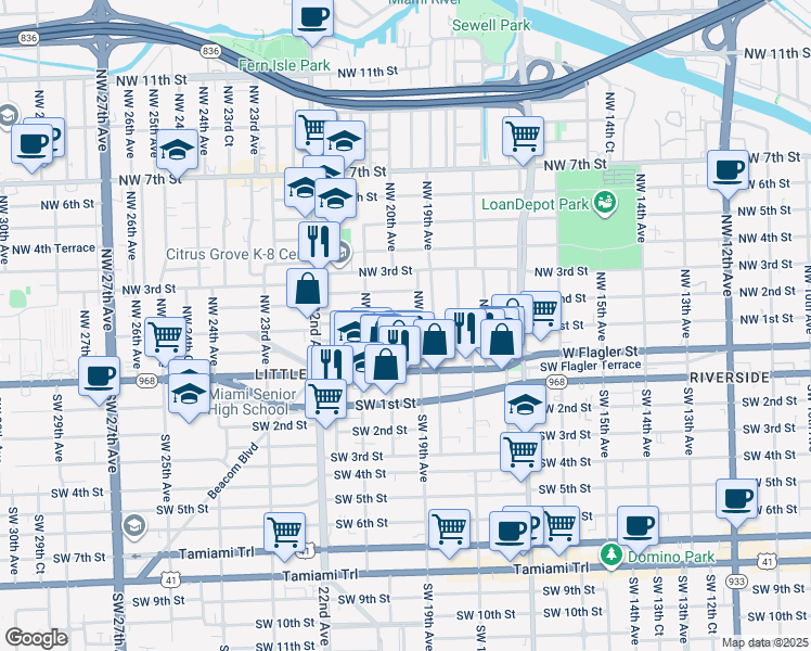 map of restaurants, bars, coffee shops, grocery stores, and more near 1935 Northwest 1st Street in Miami