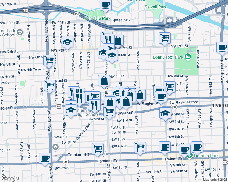 map of restaurants, bars, coffee shops, grocery stores, and more near 2176 Northwest 1st Terrace in Miami