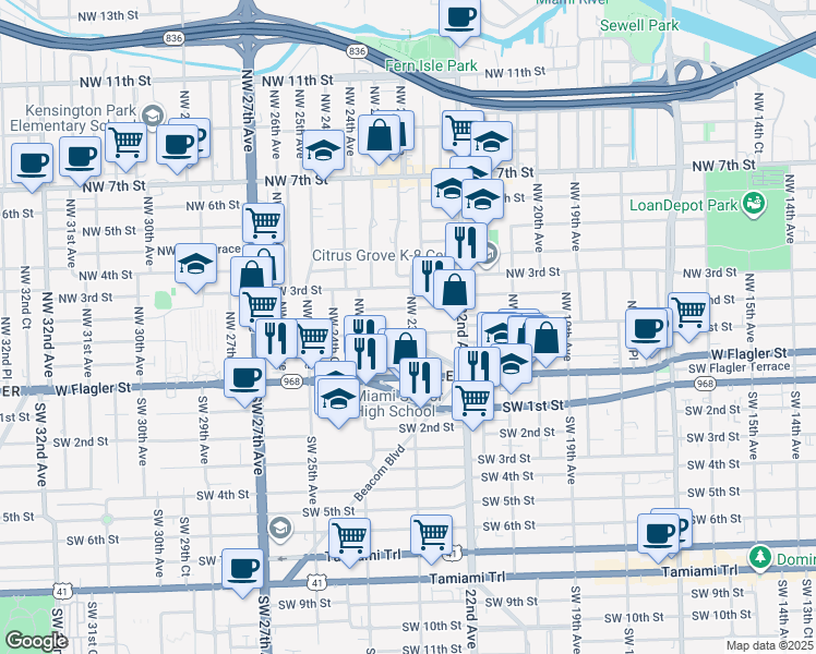 map of restaurants, bars, coffee shops, grocery stores, and more near 2313 Northwest 1st Street in Miami