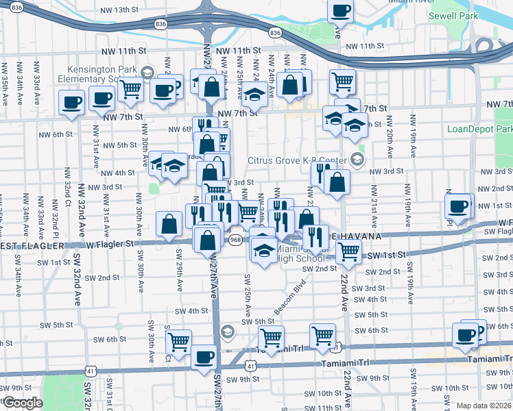 map of restaurants, bars, coffee shops, grocery stores, and more near 130 Northwest 24th Court in Miami