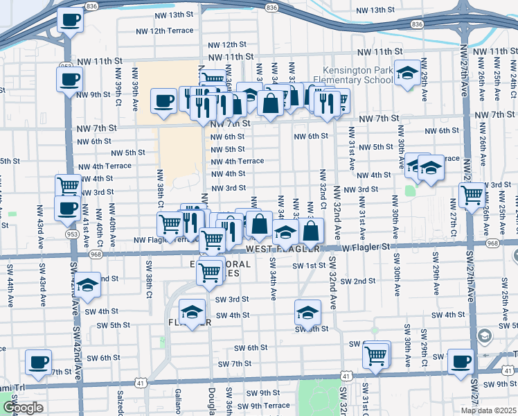 map of restaurants, bars, coffee shops, grocery stores, and more near 3430 Northwest 2nd Terrace in Miami