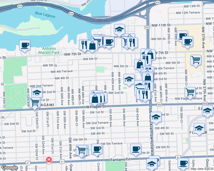 map of restaurants, bars, coffee shops, grocery stores, and more near 274 Northwest 45th Avenue in Miami