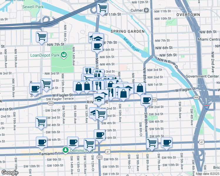 map of restaurants, bars, coffee shops, grocery stores, and more near 1055 Northwest 1st Street in Miami