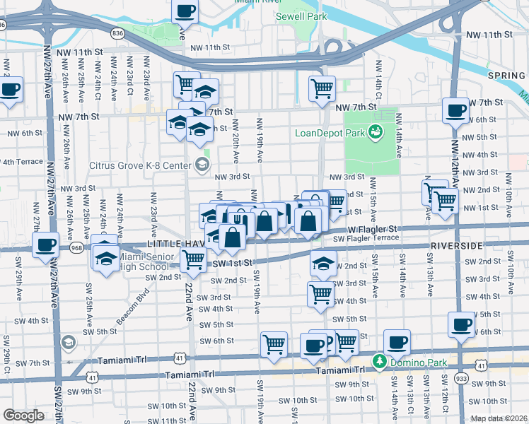 map of restaurants, bars, coffee shops, grocery stores, and more near 1856 Northwest 1st Street in Miami