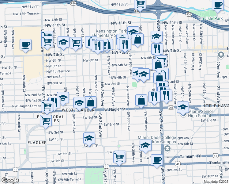 map of restaurants, bars, coffee shops, grocery stores, and more near 3098 Northwest 2nd Street in Miami