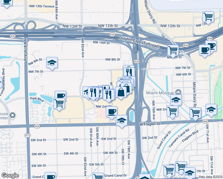 map of restaurants, bars, coffee shops, grocery stores, and more near 430 Northwest 79th Avenue in Miami
