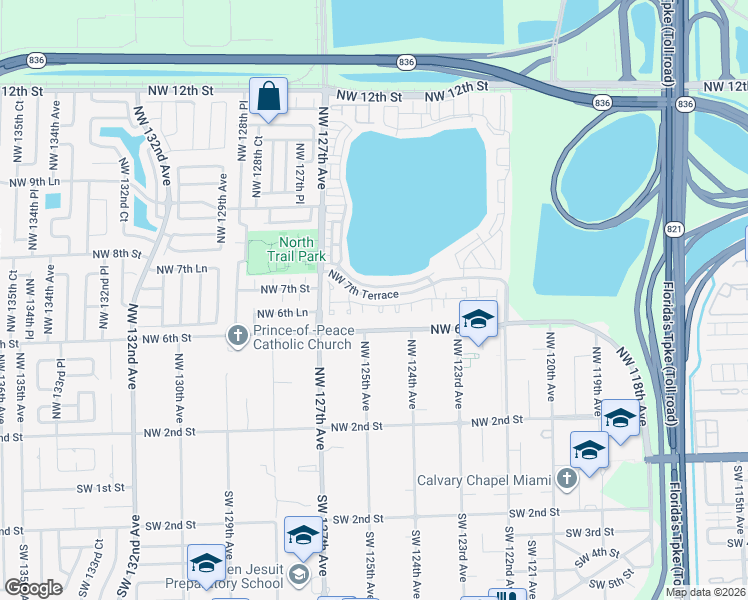 map of restaurants, bars, coffee shops, grocery stores, and more near 12458 Northwest 7th Lane in Miami