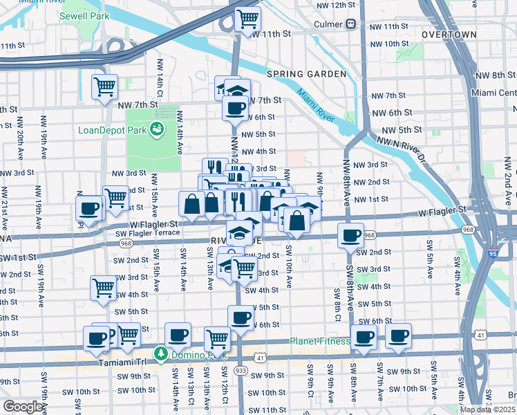 map of restaurants, bars, coffee shops, grocery stores, and more near 1157 Northwest 1st Street in Miami