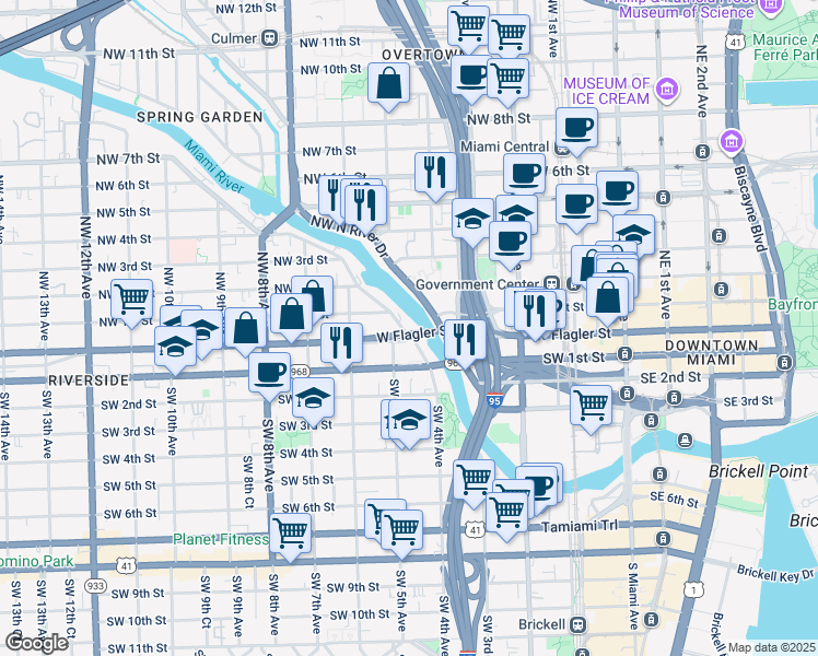 map of restaurants, bars, coffee shops, grocery stores, and more near 19-21 Northwest South River Drive in Miami