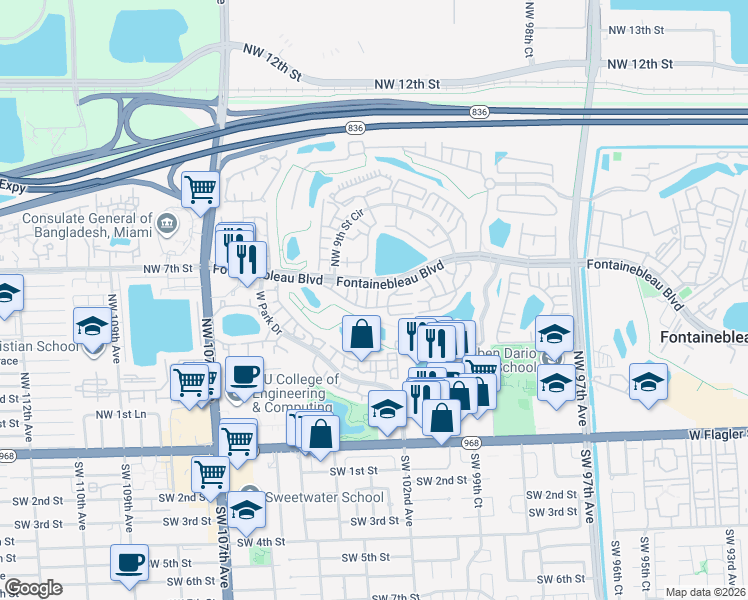map of restaurants, bars, coffee shops, grocery stores, and more near 10370 Northwest 5th Terrace in Miami