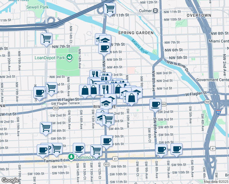 map of restaurants, bars, coffee shops, grocery stores, and more near 1157 Northwest 1st Street in Miami
