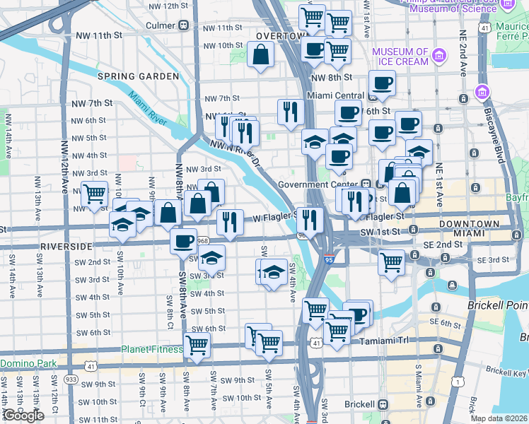 map of restaurants, bars, coffee shops, grocery stores, and more near 19-21 Northwest South River Drive in Miami