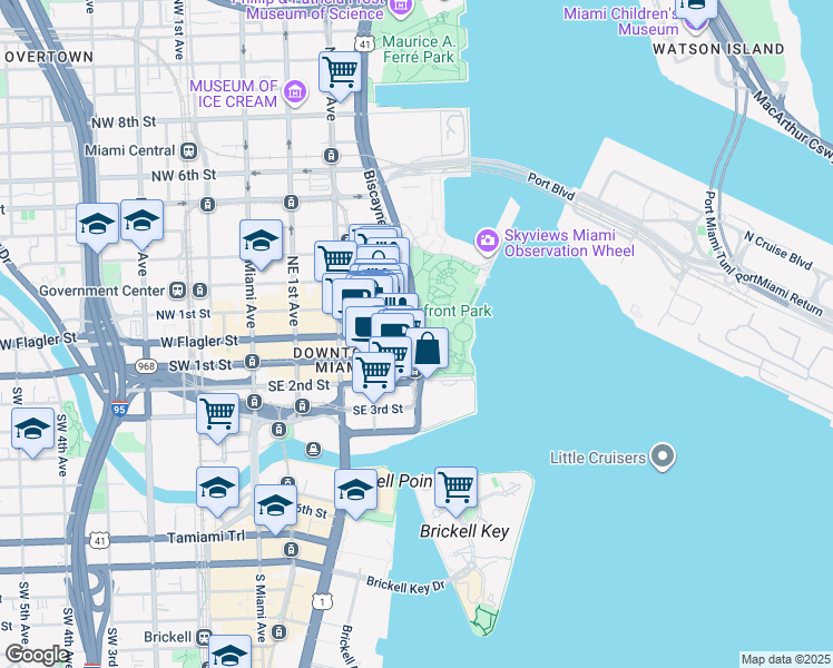 map of restaurants, bars, coffee shops, grocery stores, and more near 500 East Flagler Street in Miami