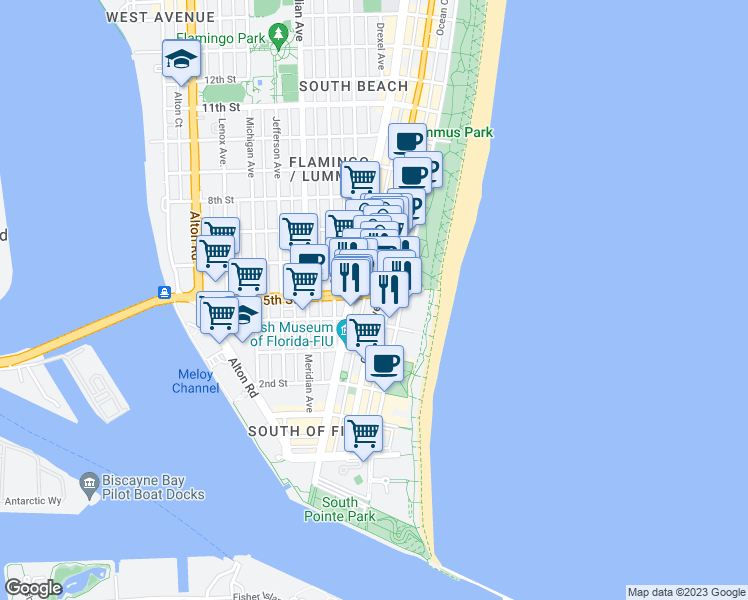 map of restaurants, bars, coffee shops, grocery stores, and more near 446 Collins Avenue in Miami Beach