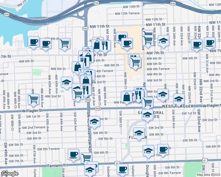map of restaurants, bars, coffee shops, grocery stores, and more near 3930 Northwest 2nd Terrace in Miami