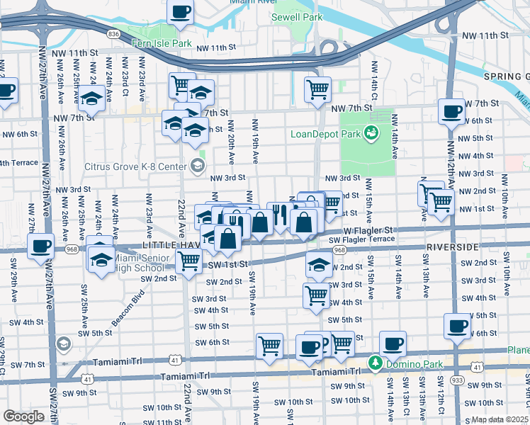 map of restaurants, bars, coffee shops, grocery stores, and more near 1856 Northwest 1st Street in Miami