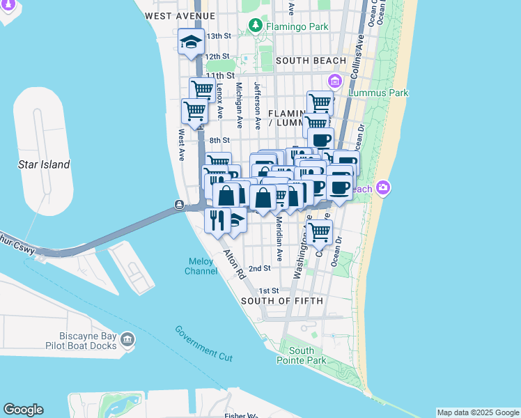 map of restaurants, bars, coffee shops, grocery stores, and more near 5th St & Jefferson Ave in Miami Beach