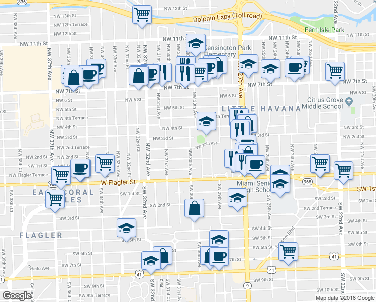 map of restaurants, bars, coffee shops, grocery stores, and more near 140 Northwest 30th Avenue in Miami
