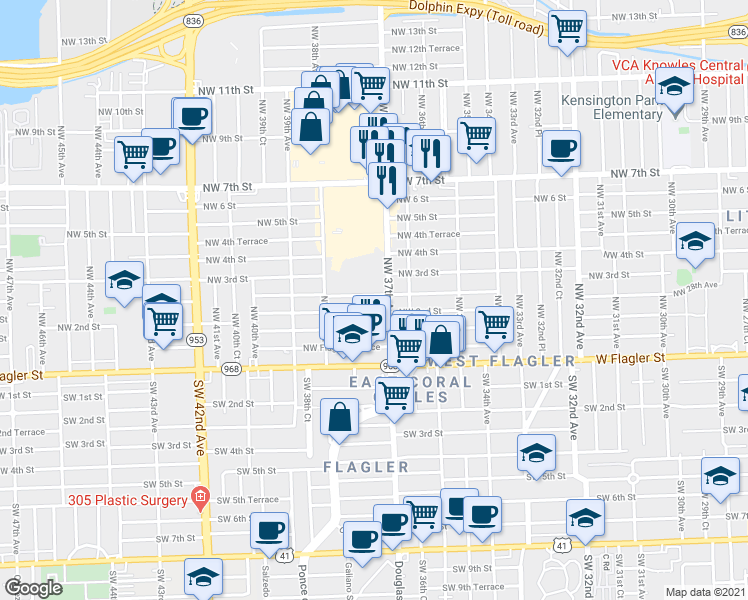 map of restaurants, bars, coffee shops, grocery stores, and more near 3708 Northwest 2nd Terrace in Miami