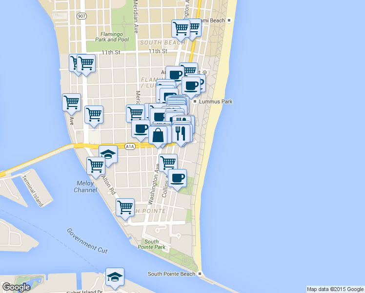 map of restaurants, bars, coffee shops, grocery stores, and more near 501 5th Street in Miami Beach