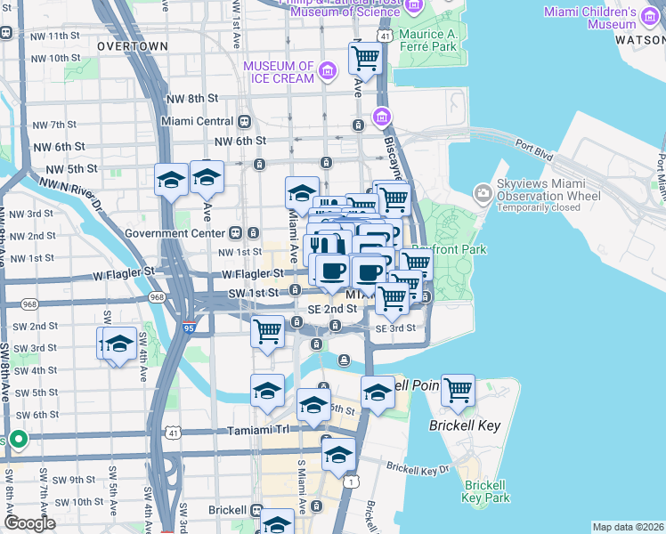 map of restaurants, bars, coffee shops, grocery stores, and more near 119 East Flagler Street in Miami