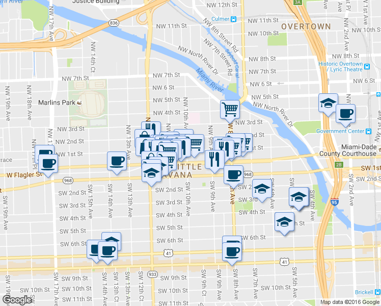 map of restaurants, bars, coffee shops, grocery stores, and more near 65 Northwest 10th Avenue in Miami