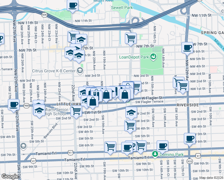 map of restaurants, bars, coffee shops, grocery stores, and more near 1856 Northwest 1st Street in Miami