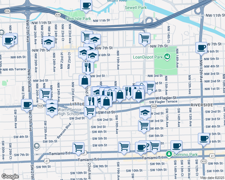 map of restaurants, bars, coffee shops, grocery stores, and more near 1935 Northwest 1st Street in Miami