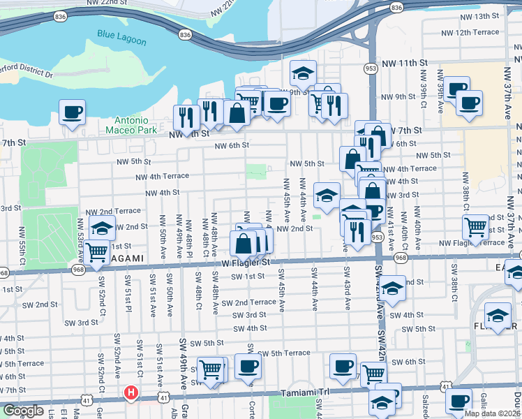 map of restaurants, bars, coffee shops, grocery stores, and more near 4653 Northwest 2nd Terrace in Miami