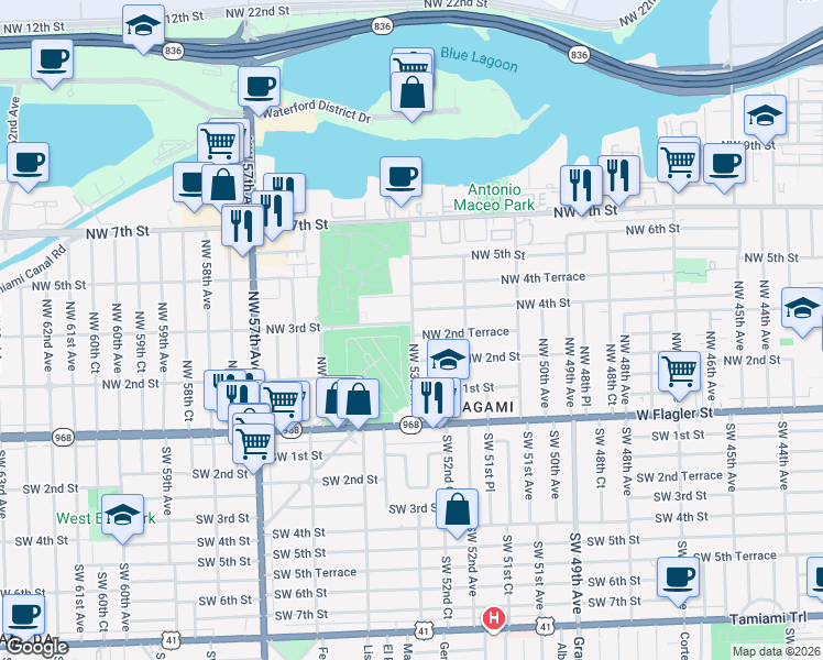 map of restaurants, bars, coffee shops, grocery stores, and more near 5271 Northwest 2nd Terrace in Miami