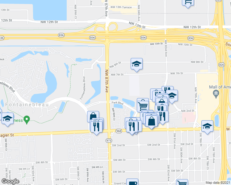 map of restaurants, bars, coffee shops, grocery stores, and more near 390 Northwest 86th Court in Miami