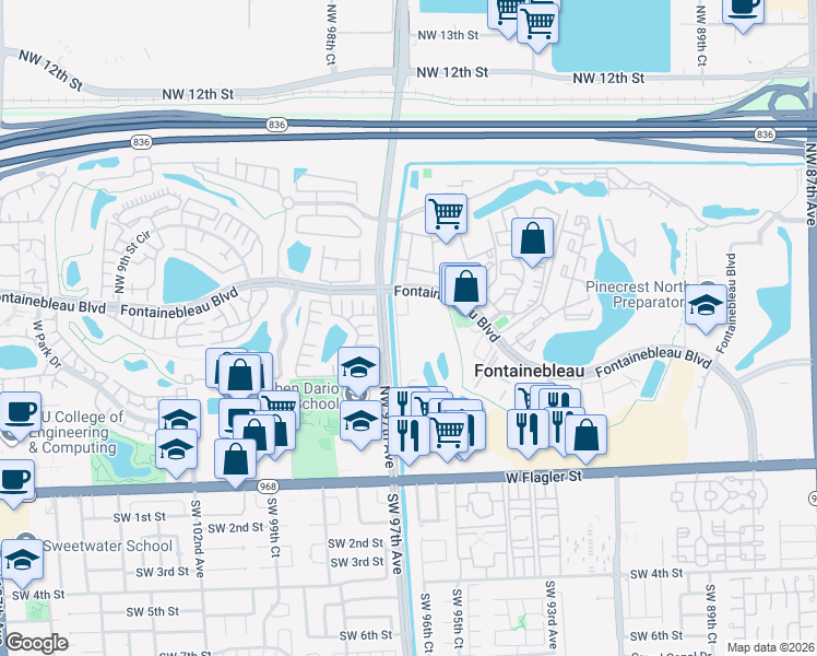map of restaurants, bars, coffee shops, grocery stores, and more near 9650 Fontainebleau Boulevard in Miami