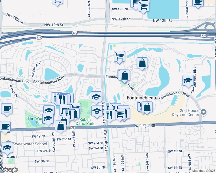 map of restaurants, bars, coffee shops, grocery stores, and more near 9705 Northwest 6th Terrace in Miami