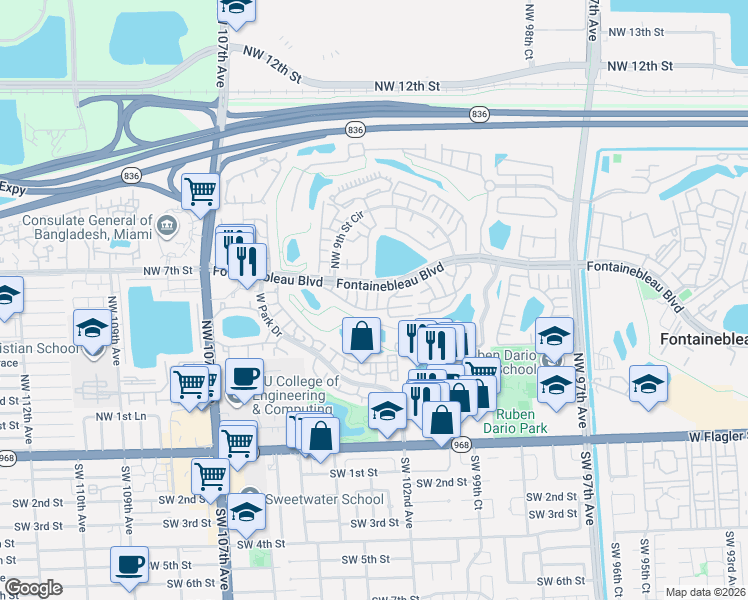 map of restaurants, bars, coffee shops, grocery stores, and more near 643 Northwest 102nd Place in Miami