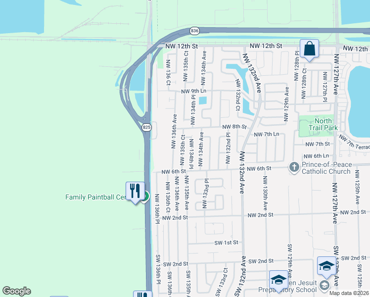 map of restaurants, bars, coffee shops, grocery stores, and more near 732 Northwest 134th Place in Miami