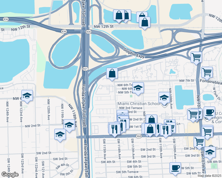 map of restaurants, bars, coffee shops, grocery stores, and more near 530 Northwest 114th Avenue in Miami